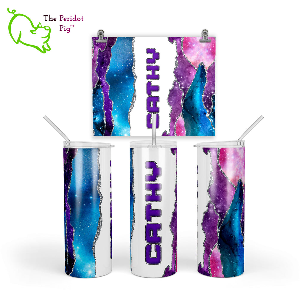 These tumblers have a vivid print featuring an "agate" design combined with a star field/galaxy theme. In addition, there's a hint of sparkle with simulated glitter borders. There's plenty of room for personalization here. Style B - Purple/Silver shown with example text.