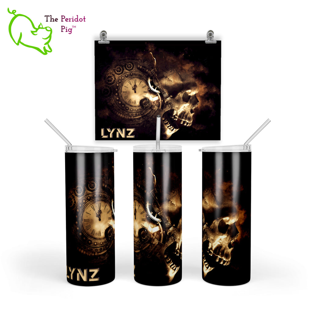 Clockworks, gears, skulls and smoke! What's not to love about this 20 oz tumbler spooky design? We'll add in your name or text. Shown in three views with a sample name.