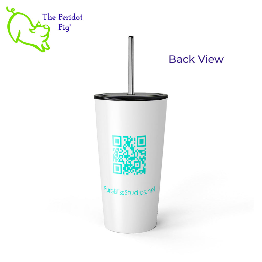 16oz stainless steel tumbler. White with straw and black plastic lid. Safe to take milkshakes, smoothies, and other blended beverages on the go. The PureBliss Studios logo is on the front and the QR code and URL are on the back. Back view shown.