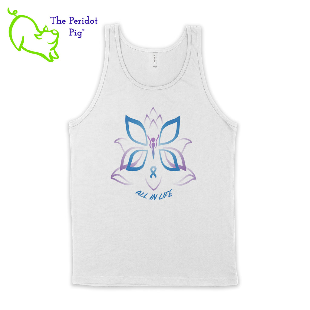 This unisex tank top boasts a nice drape, which is ideal for layering or dealing with the summer heat. The shirt features Kristin Zako's logo on the front in bright blue and purple colors on a white glitter vinyl print. The back is blank. Front view in white.