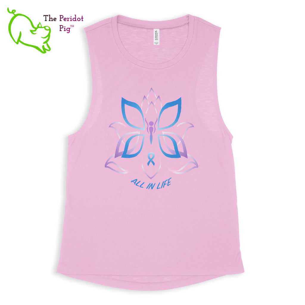 This comfortable muscle tank is soft and flowy with low cut armholes for a relaxed look. The shirt features Kristin Zako's logo on the front in bright blue and purple colors. The back is blank. The print is a translucent, faded "vintage" look due to the blend of the fabric. Front view in Lilac.
