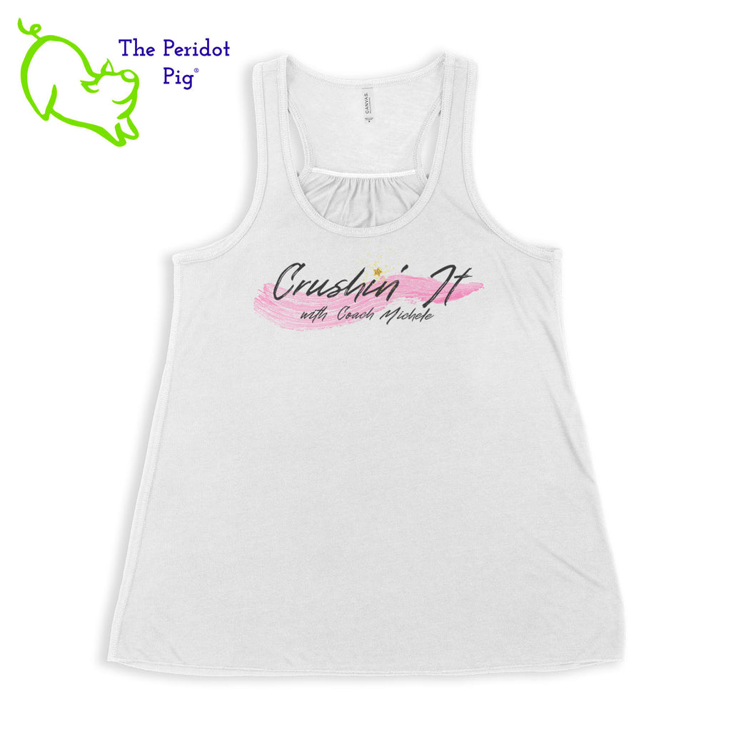 The front features Coach Michele Smits' Crushin' It! logo and the back is blank. There's also a small gold, glitter star over the "i" because everyone needs a little sparkle! The print will be in a "vintage" look that is slightly faded on the white, pink and athletic heather versions. On the marble colors, the print is a little more vivid. Front view in White.