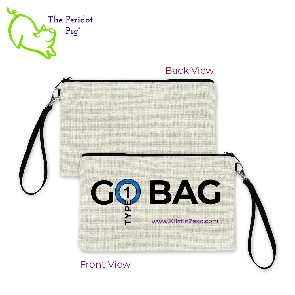 This convenient "Go Bag" is the perfect size for supplies and a snack or two. The artwork is printed in vivid color using a sublimation print so that it won't fade nor peel. On the front are the words "GO BAG" with a Type 1 Diabetes logo and Kristin Zako's website address. The back is blank. Front and back views.