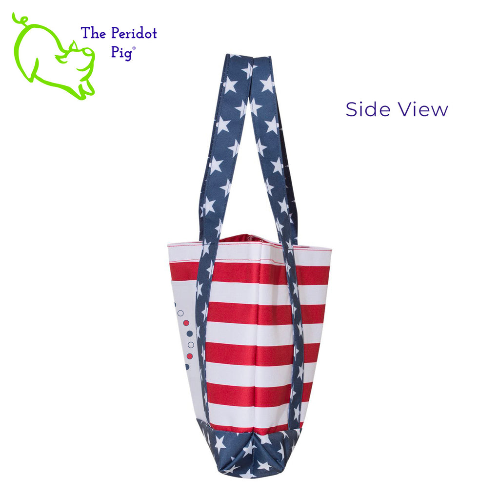 We're still creating totes! We had one glimpse of warm weather and now summer is on the brain. This stars and stripes boating tote is perfect for beach fun or a sweet Mother's Day surprise.  The tote bag made from sturdy 600D Denier polyester with a vivid print that wraps around. We've added a matching monogram and blinged it up a bit with a touch of holographic vinyl on the front pocket. Side view shown with sample monogram.