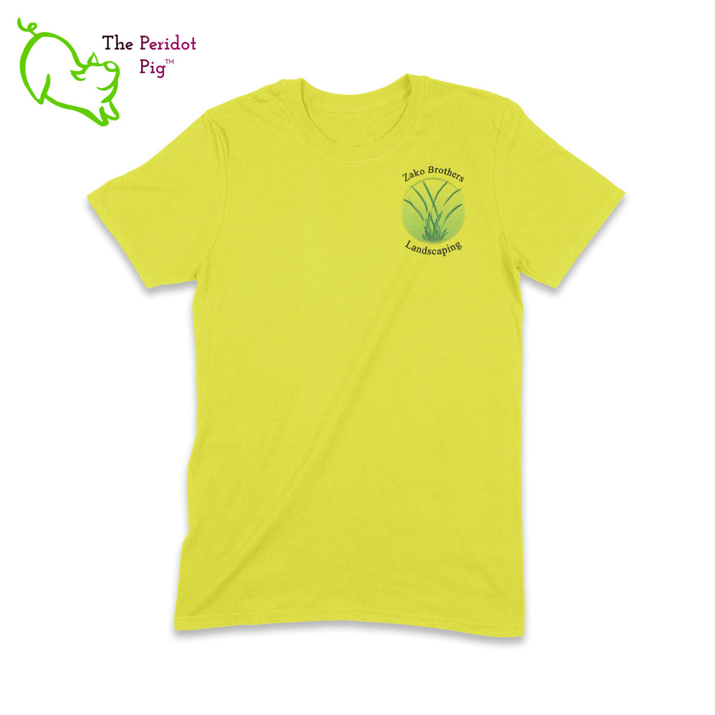 A saftey green short sleeve t-shirt featuring the Zako Brothers logo on the left shoulder area. A larger version of the logo is printed on the back. Front view.