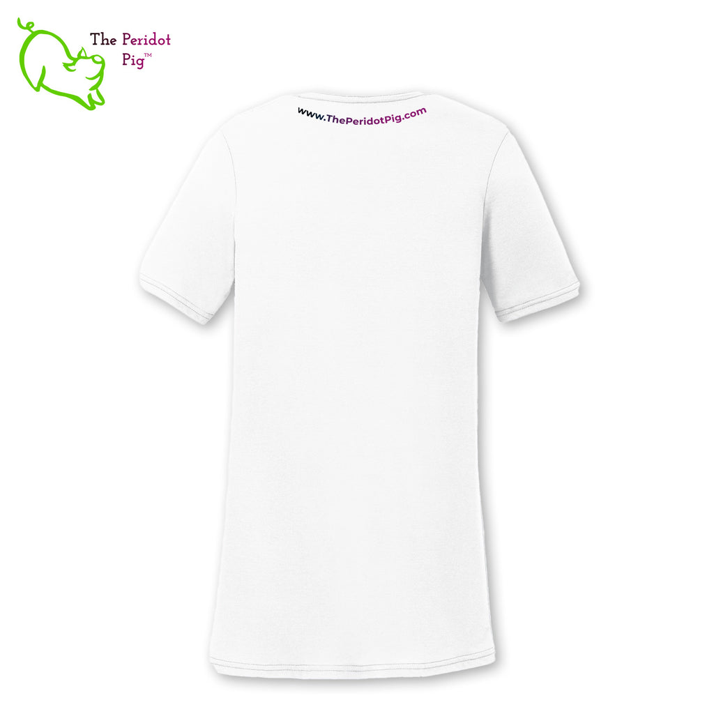 Everyone loves our spritely Peri Pig logo so we made an extra-large version of him on a comfy v-neck t-shirt. These super soft shirts are made from a poly cotton blend that is super soft. The print is a vivid sublimation print that won't crack or fade over time. Back view.
