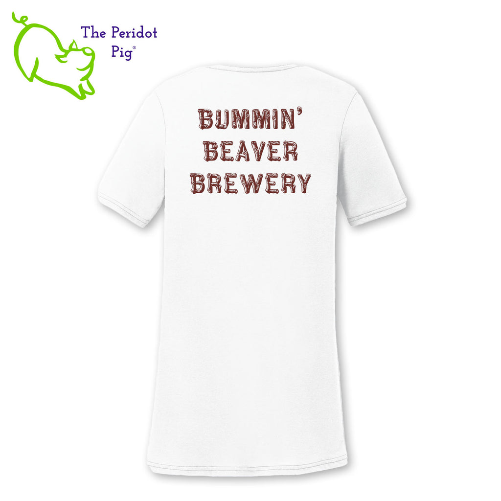 These t-shirts have a great weight and a super, soft feel. Made with a flattering v-neck, taped seams and a loose cut. The front features the Bummin' Beaver Brewery logo and the back has the words, "Bummin' Beaver Brewery" in their woodsy font.  Back view shown in white.