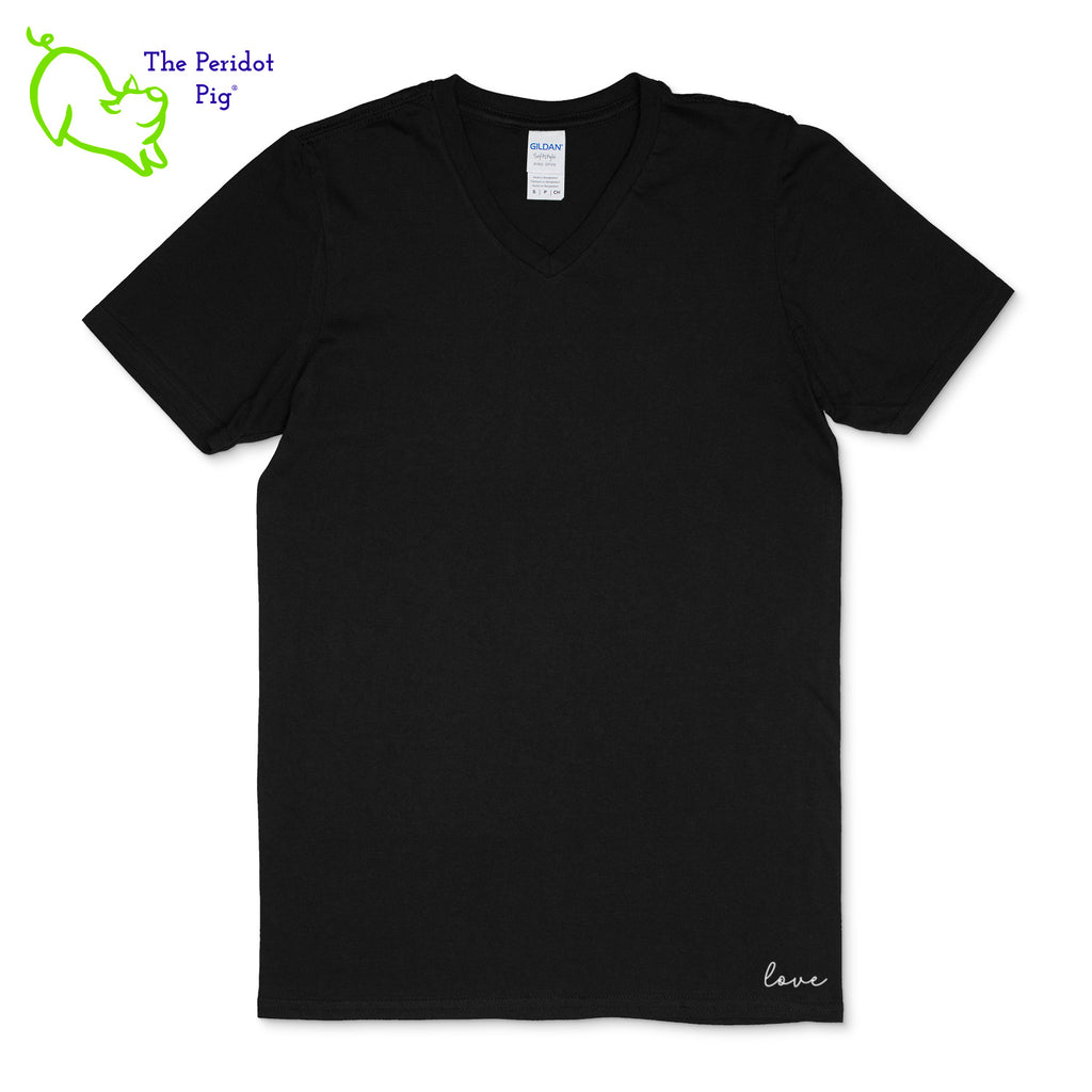 A v-neck soft-style t-shirt with a loose boxy cut. The back has the PureBliss Studios logo in a large holographic vinyl and the logo printed over the top of the vinyl. The front has a little "love" on the bottom left side. Front view shown in black.