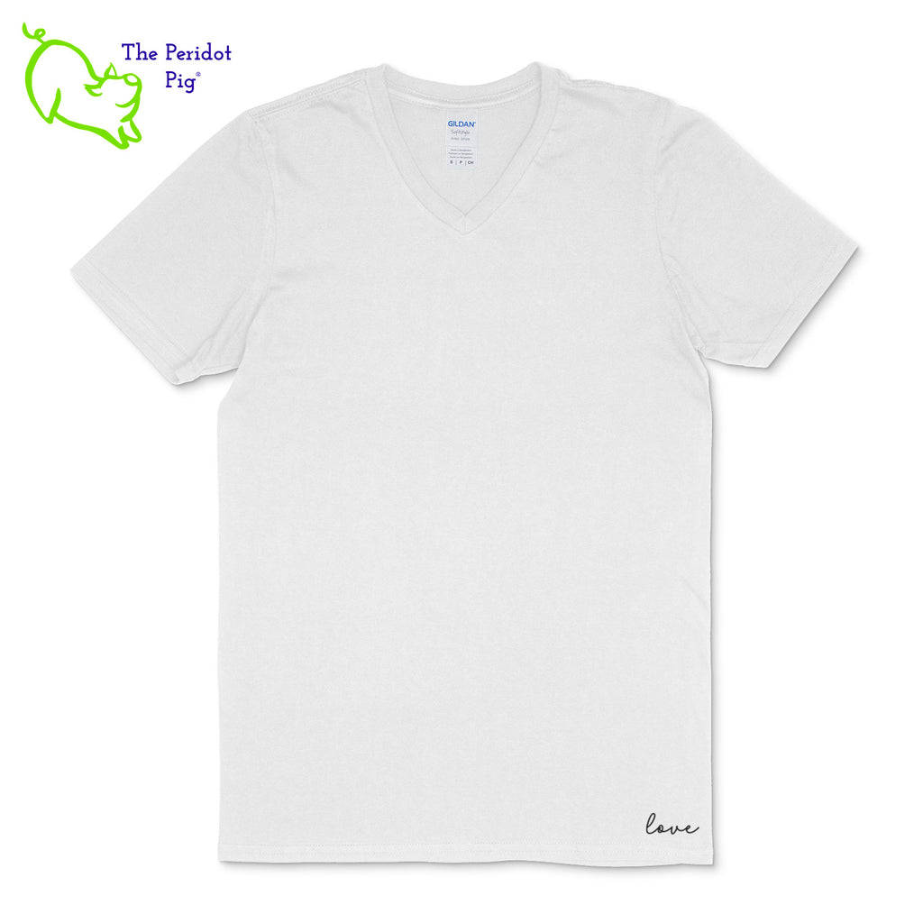 A v-neck soft-style t-shirt with a loose boxy cut. The back has the PureBliss Studios logo in a large holographic vinyl and the logo printed over the top of the vinyl. The front has a little "love" on the bottom left side. Front view shown in white.