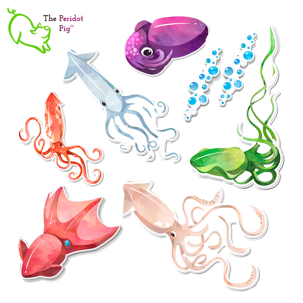 We just love these little squids and they make a beautiful, quirky sticker! These can be purchased individually or in a sample 6-pack that has one of each. 6-pack with bubbles shown.