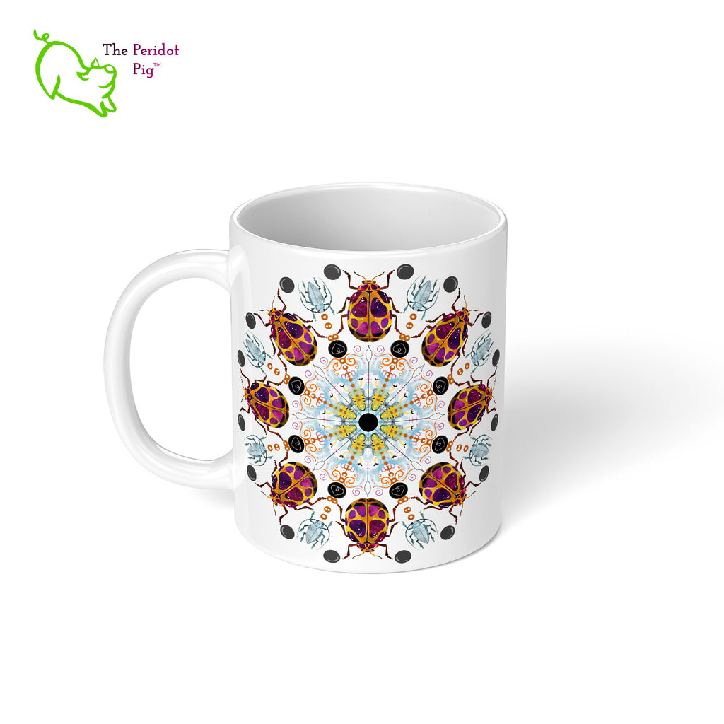 A colorful mandala of beetles graces this 11 oz mug. Printed on a glossy white mug, these bugs really pop! Left view.