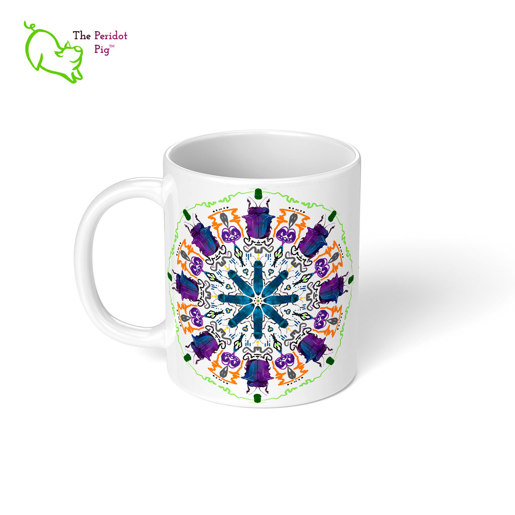 A colorful mandala of beetles graces this 11 oz mug. The larger beetle has shades of violet and blue. The smaller beetle is in a delicate shade of blue. Printed on a glossy white mug, these bugs really pop! Left view