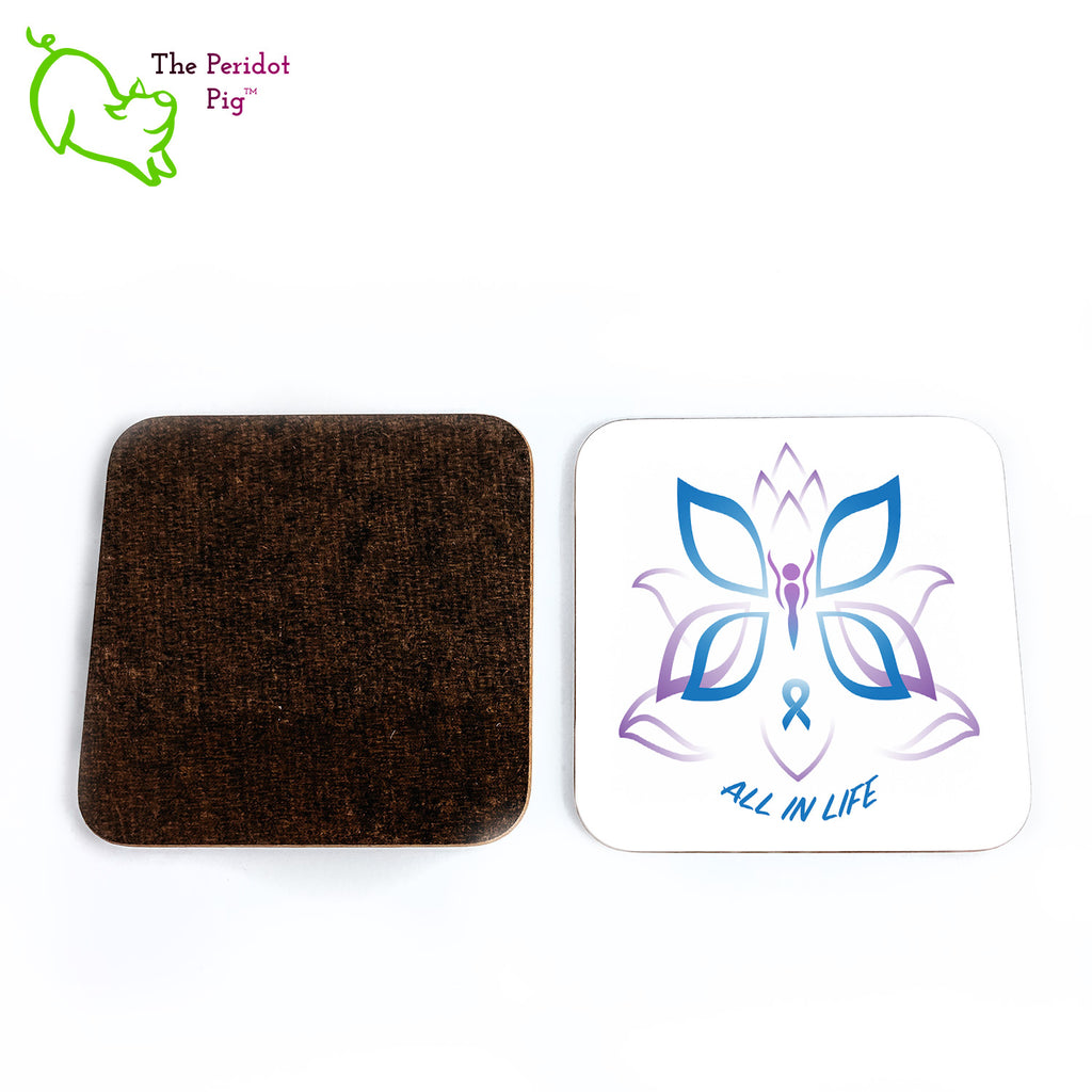 This set of four square hardboard coasters is printed with Kristin Zako's All in Life logo. Each coaster is individually printed with a bright glossy white finish. Showing the front and back of a single coaster.
