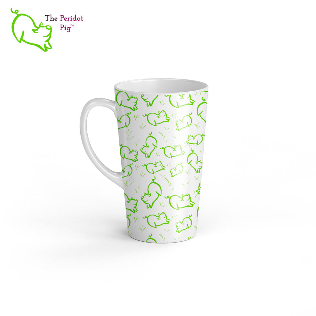 Peri's perky little peridot self is frolicking across this mug. Frolicking so much that you have to call it dancing a pig jig. These latte mugs have a distinctive shape and can be purchased in either a 12 oz or 17 oz size. Left view 17 oz.