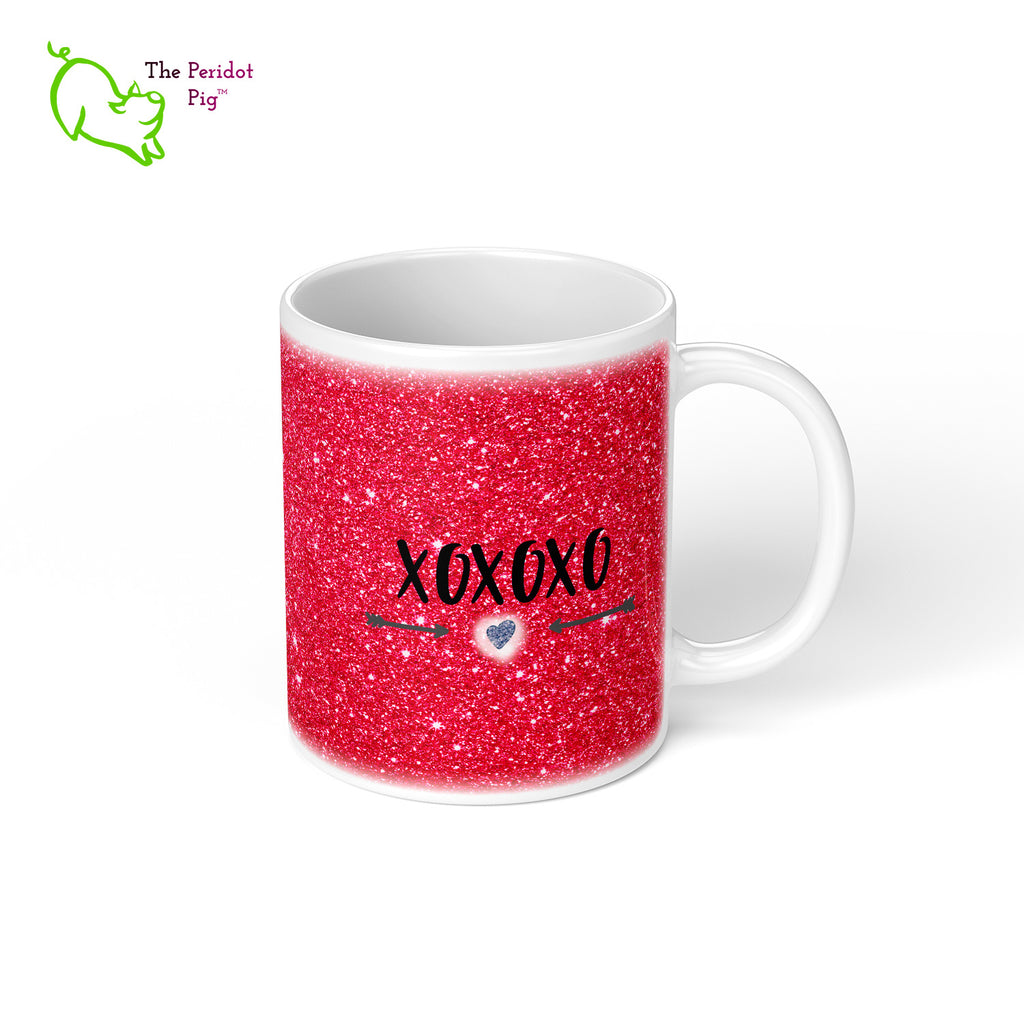 These shiny white gloss mugs feature a detailed, sparkly print that can be customized for that special glitter person in your life. Available in six different colors if you're not into pink, sparkling things. On the back, it has a simple XOXOXO (hugs and kisses). Red right view.