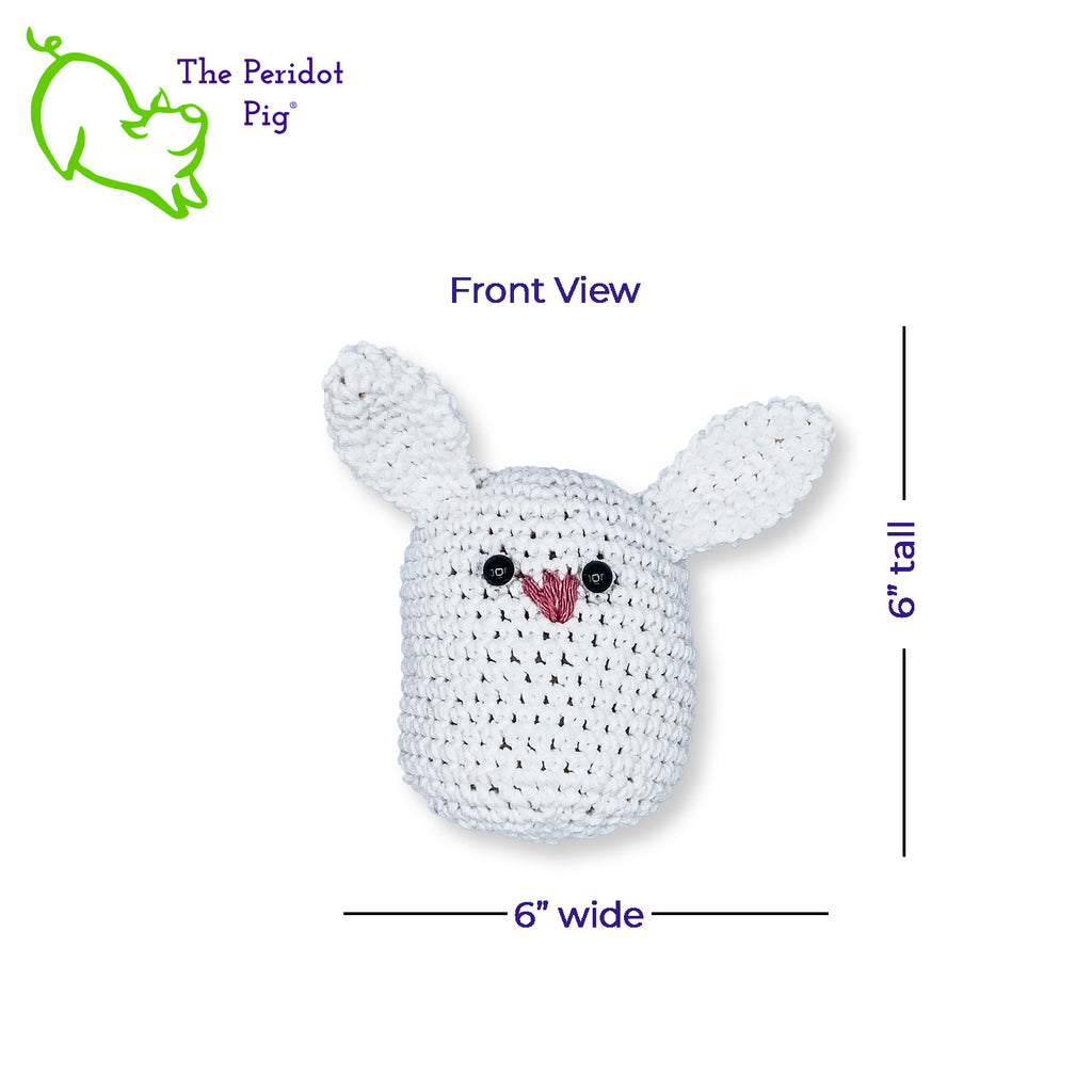 Thus began the downward spiral into the rabbit hole of crochet amigurumi...appropriately a little stylized bunny! He's kinda cute with his little pink stitched nose. Our bunny is made from 100% cotton yarn with black plastic safety eyes. Front view shown with dimensions.