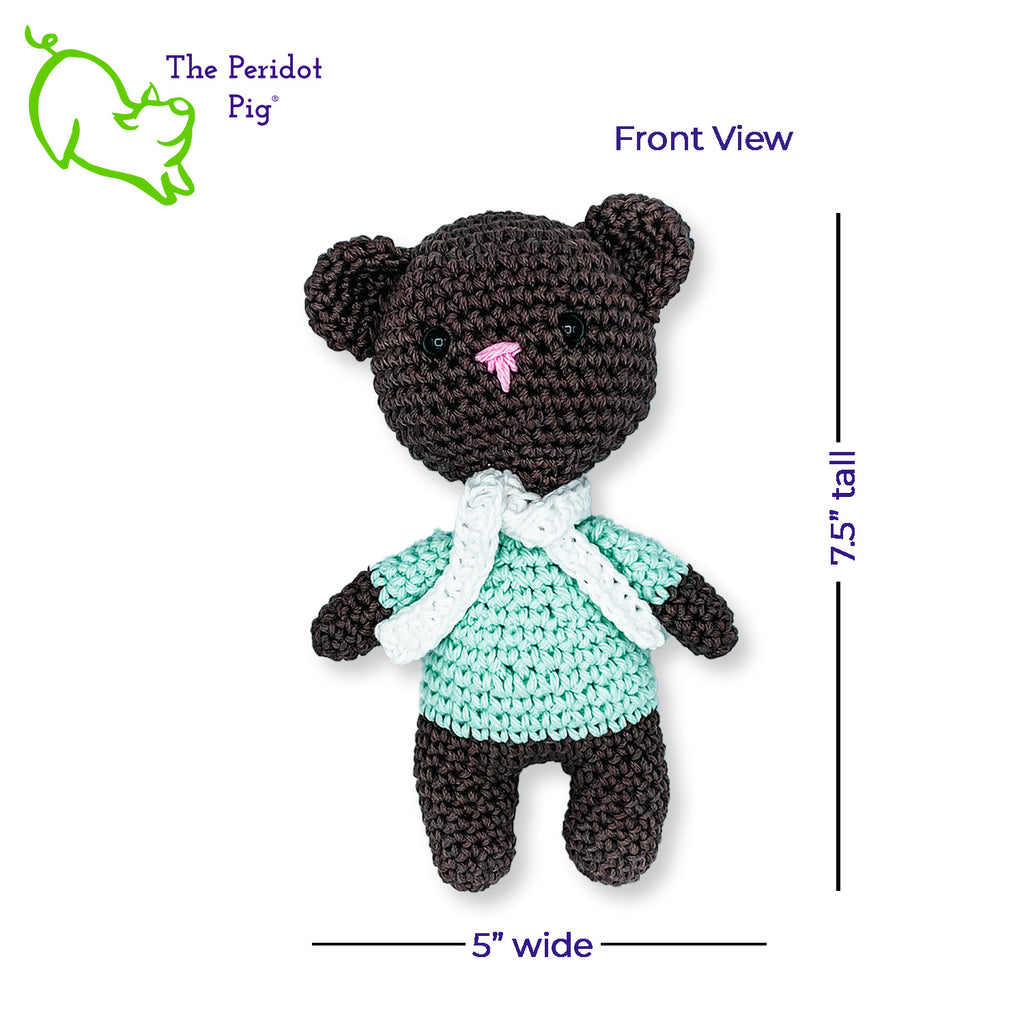 This little bear is the cutest and would be perfect to include in an Easter basket, birthday present or as a stocking stuffer. He's hand crocheted out of soft cotton and will last a lifetime. His cute little scarf is tacked on in the back so it won't get lost. Front view shown with dimensions.
