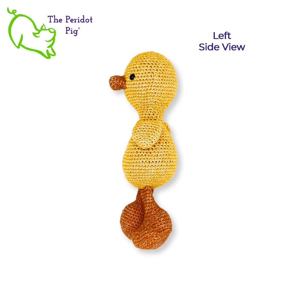 Susie is a rather serious little duckling. The gleam in her eyes, the slight tilt to her head. She's intensely focused. But it's the big duck feet that make her so cute! She's hand crocheted out of a soft cotton/acrylic blend and will last a lifetime. She's stuffed enough that her head stays upright but her legs are floppy enough to have her seated. Left side view shown.