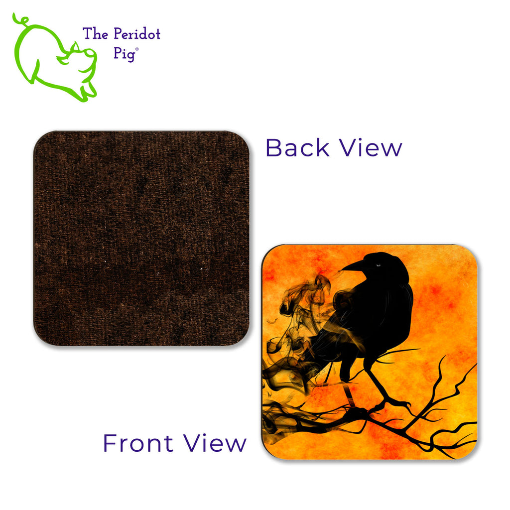 How about a murder of crows to keep your tables protected this Halloween? This set of four square coasters is printed in bright colors on either a matte or a gloss coaster. The coasters are a mottled yellow and orange with a smokey crow image. Front and back view.