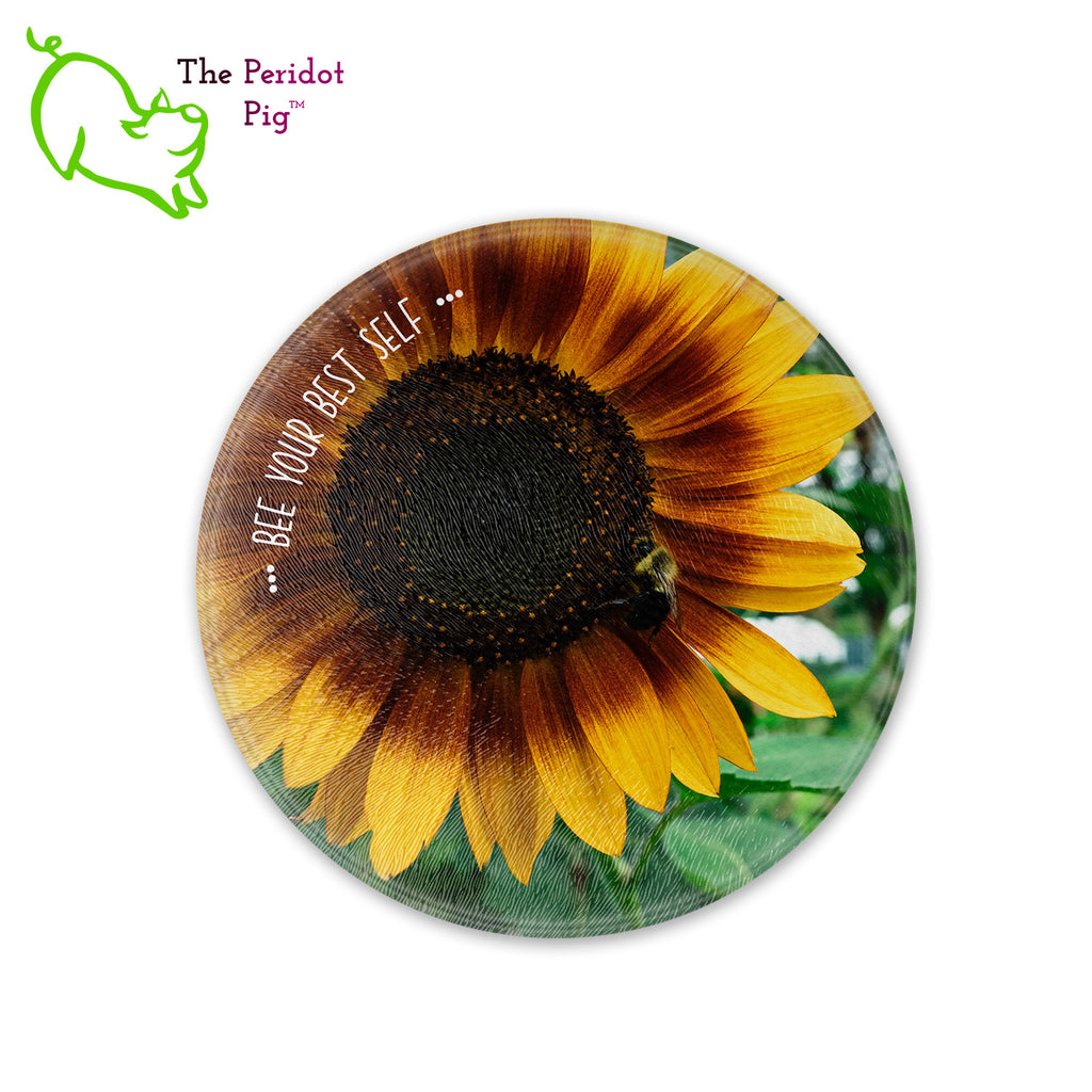 This beautiful tempered glass cutting board is a wonderful keepsake!  It can be personalized with names, quotes or dates. This one features a bright yellow sunflower with a cute little honey bee in a vivid and detailed print. Perfect for cutting or using as a serving board! Front view with sample text.