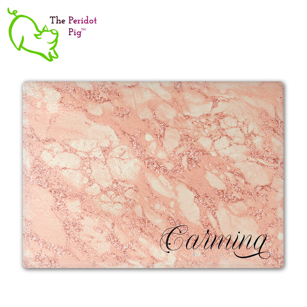 These beautiful tempered glass cutting boards are a wonderful keepsake!  They can be personalized with names, quotes or dates. These feature swirling marbles in rose gold and glitter foil in a vivid and detailed print. We prefer a scrolling script for the personalization in this design. There is also a little bling under the name included too. Front view with sample text. Style D