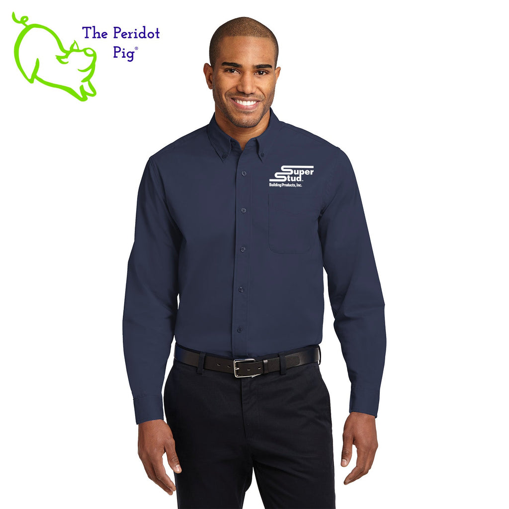 This comfortable wash-and-wear shirt is indispensable for the workday. Wrinkle resistance makes this shirt a cut above the competition so you and your staff can be, too. The Super Stud logo is on the front left. Front view in Navy.