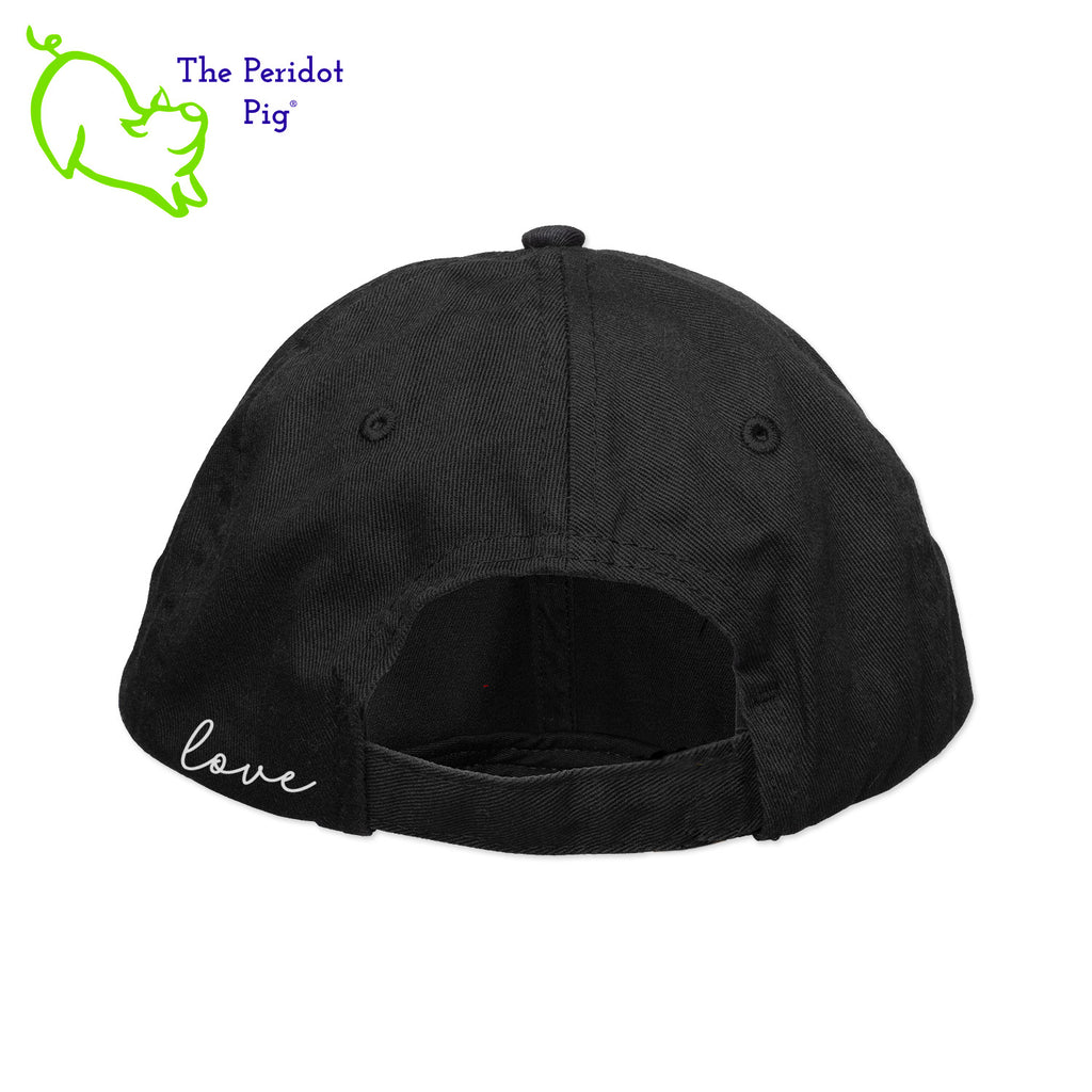 This 6-Panel twill unstructured cap is perfect for a bit of shade or to pull back a pony tail. The PureBliss Studios logo is printed on the front in a fun hologram print. A little "love" is on the back left side as well. Bacl view shown in black.