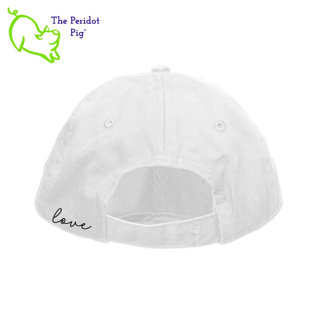 This 6-Panel twill unstructured cap is perfect for a bit of shade or to pull back a pony tail. The PureBliss Studios logo is printed on the front in a fun hologram print. A little "love" is on the back left side as well. Back view shown in white.