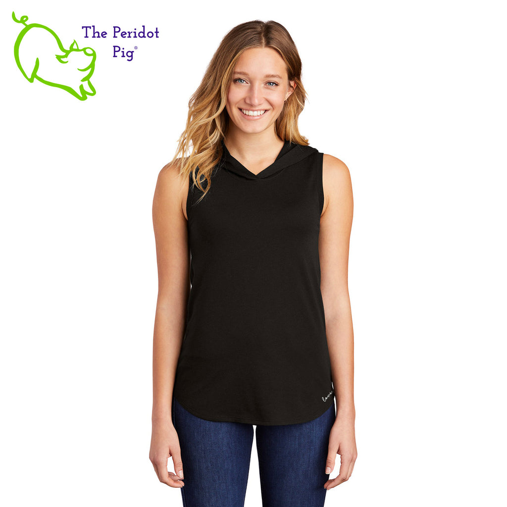 This sweet little hoodie tank is super soft, lightweight, and form-fitting (but not too tight in the mid-section) with a flattering cut. The arm holes have a finished rib knit edging. The back features the PureBliss Studios logo and the front is blank. Front view in black.
