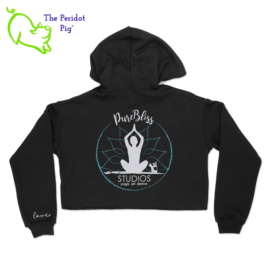 A trendy cropped cotton hoodie with a fitted retail cut. The back has the PureBliss Studios logo in a glitter and holographic vinyl. The front has a little "love" on the bottom left sleeve. Back view shown in black.
