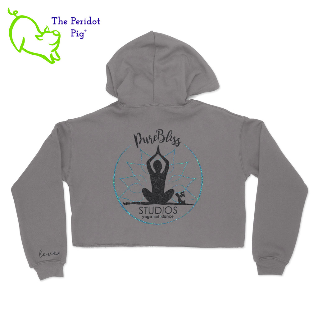 A trendy cropped cotton hoodie with a fitted retail cut. The back has the PureBliss Studios logo in a glitter and holographic vinyl. The front has a little "love" on the bottom left sleeve. Back view shown in gray.