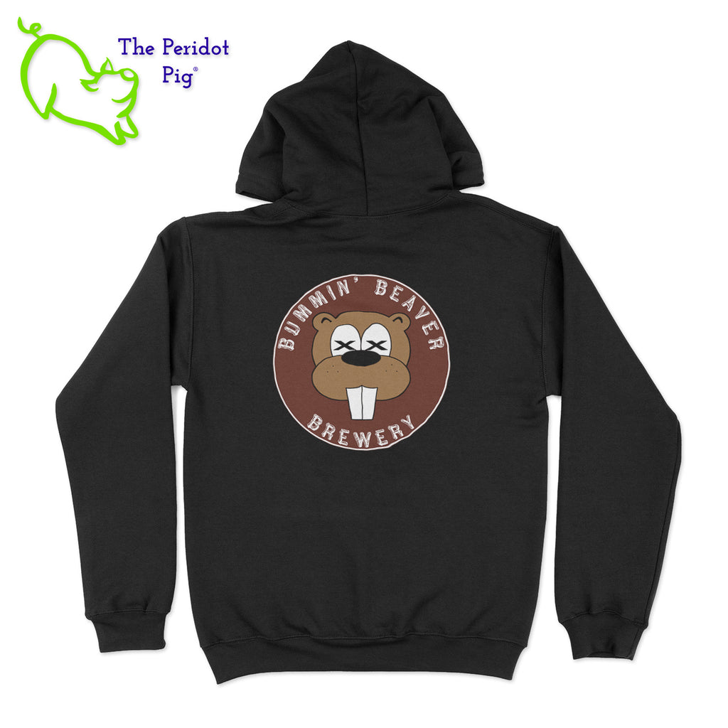 A standard pullover hoodie. The Bummin' Beaver logo is on the front. The text "Bummin' Beaver Brewery" and "Auburn Township, Ohio" is on the back.BAck view shown in black.