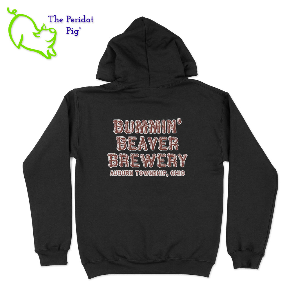 A standard pullover hoodie. The Bummin' Beaver logo is on the front. The text "Bummin' Beaver Brewery" and "Auburn Township, Ohio" is on the back. Back view shown in Black