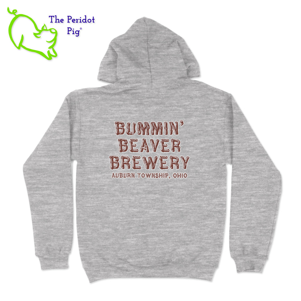 A standard pullover hoodie. The Bummin' Beaver logo is on the front. The text "Bummin' Beaver Brewery" and "Auburn Township, Ohio" is on the back. Back view shown in sport grey