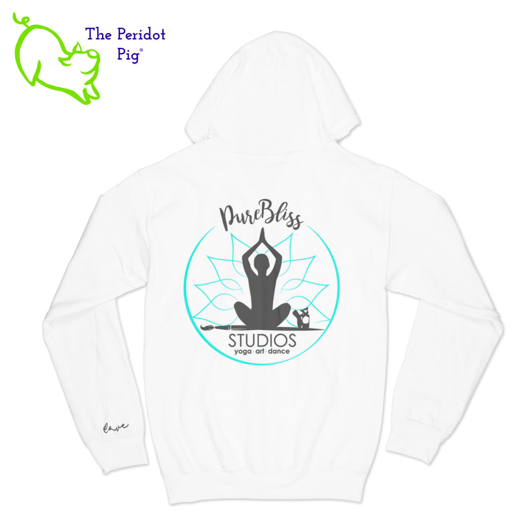 A full-zip cropped cotton hoodie with a loose cut. The back has the PureBliss Studios logo in a white glitter with print. The front has a little "love" on the bottom left sleeve. Back view shown in white.