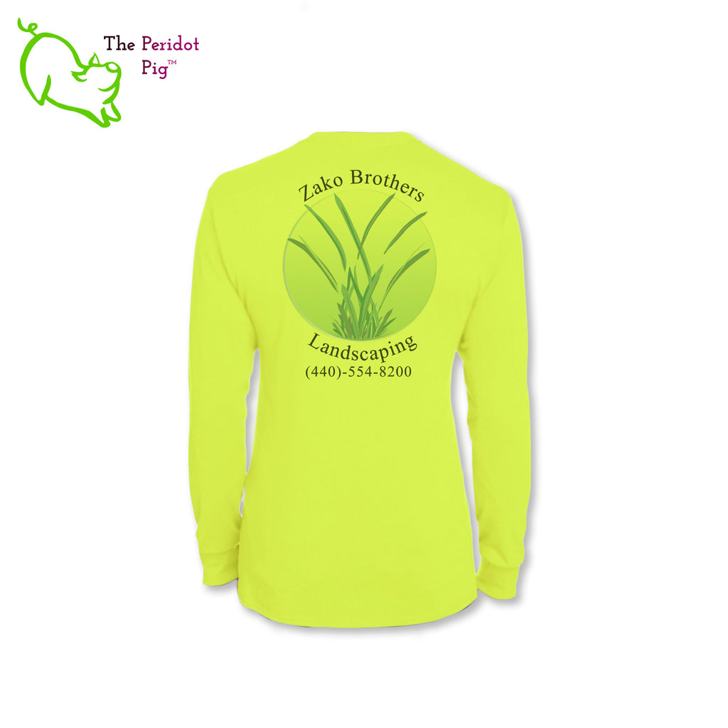 A saftey green long sleeve t-shirt featuring the Zako Brothers logo on the left front pocket. A larger version of the logo is printed on the back. Back view.