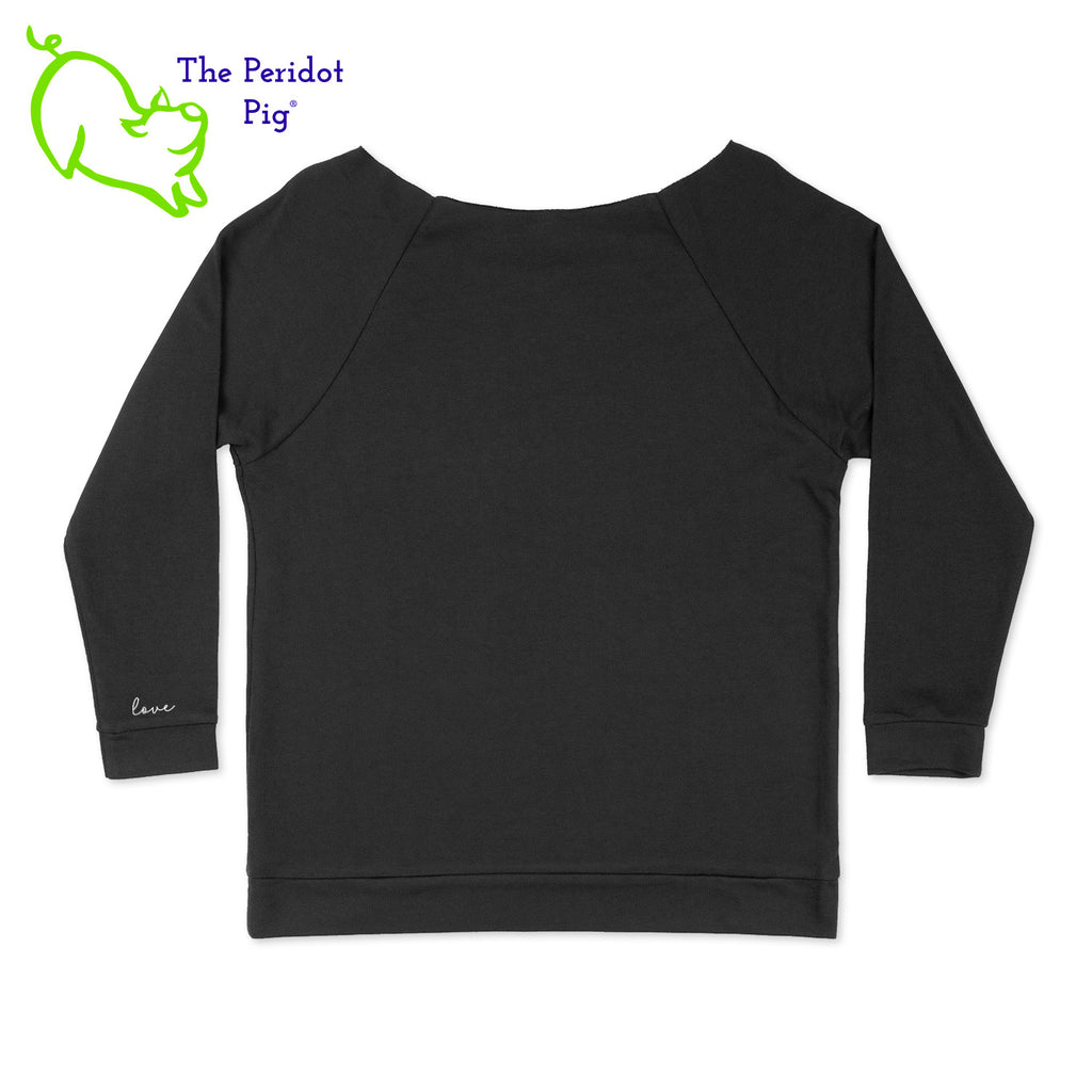 A relaxed light-weight sweat shirt with the collar cut out. The front features a small version of the PureBliss Studios logo on the lower right side. There's also a little "love" on the left inner sleeve. Back view shown in black.