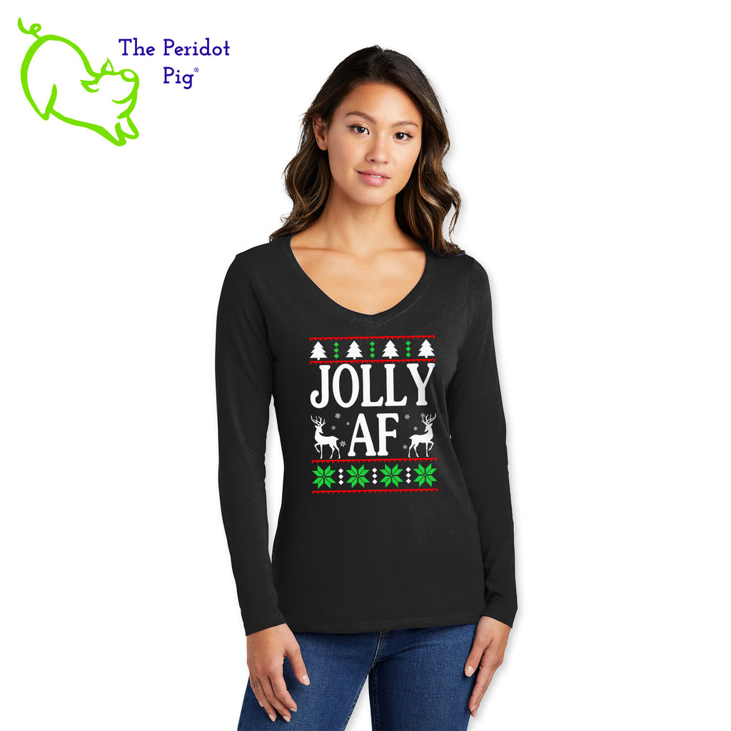 Shhh....we won't tell your mother-in-law what it means.  Enjoy this fun shirt and see if they finally ask.  Printed in bright color on a v-neck cotton, long sleeve t-shirt, it's perfect for the winter holidays! The front has a stylized sweater print with reindeer and the words, "Jolly AF". The back is undecorated. Front view shown in black.