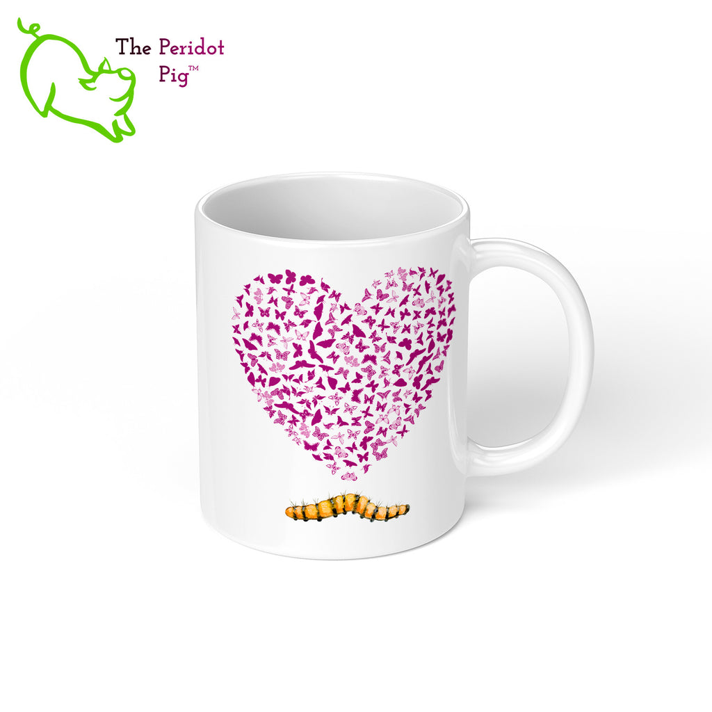 Celebrate Mother's day with a gift that embraces those little pollinators. The mug says, "Best Mom Ever!" on the front. On the back, it has a heart filled with butterflies and a little caterpillar underneath. Right view.