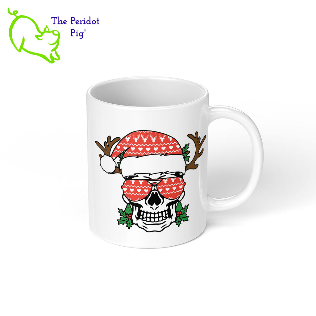 It's a toss up whether Halloween or Christmas is our favorite holiday. When you can't make up your mind, try our Christmas skull coffee mug! We've printed the skull on the front and the back. Will go great with leftover candy and Christmas cookies! Right view shown.