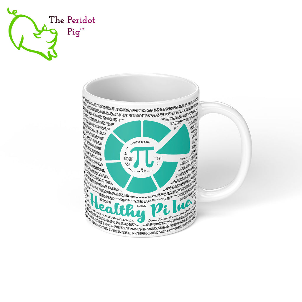 Would you like a little Pi to go with that coffee or tea? Here we have 5605 digits of Pi printed on a white, glossy 11 oz mug and featuring the Heathy Pi, Inc logo. Left view.Would you like a little Pi to go with that coffee or tea? Here we have 5605 digits of Pi printed on a white, glossy 11 oz mug and featuring the Heathy Pi, Inc logo. Right view.