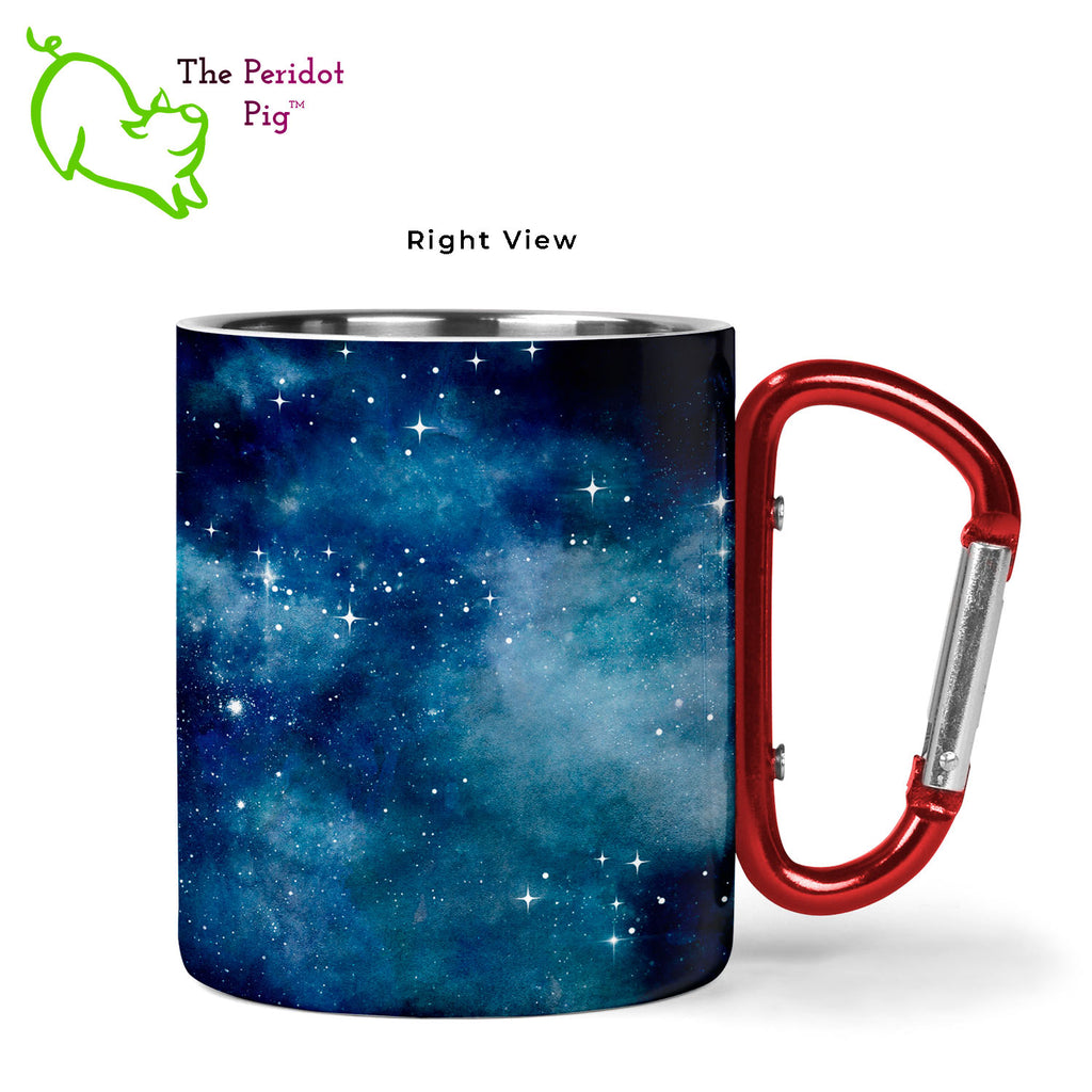 Introducing a wonderful 11 oz stainless steel mug with a vivid, permanent sublimation print. The mug has a red carabiner handle. Double walled, vacuum insulated to keep your coffee warm around the campfire. This light weight, durable mug is great for camping, backpacking or hiking. Starry night shown, right view.
