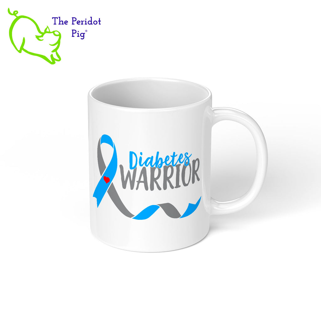 November is National Diabetes Month and these are the perfect mug to celebrate Diabetes awareness. Printed using vivid sublimation inks, these mugs won't fade or peel over time. The text says "Diabetes Warrior" with the Diabetes blue and gray ribbon featured on both front and back. Right view shown.