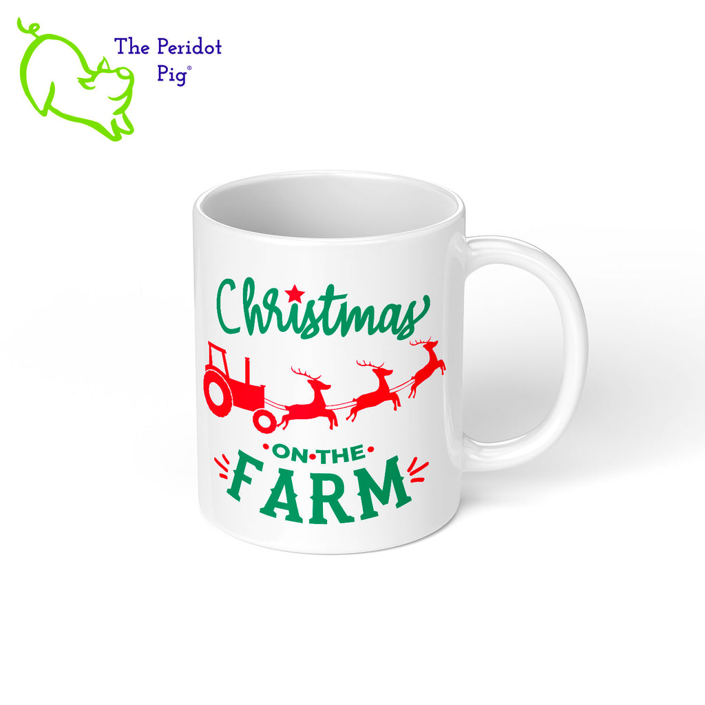 We live in Ohio and still regularly see tractors heading down the road from field to field.  When we saw this mug design, we had to have it! It would make the perfect gift for the farmer, gardener or rural friend. The design is printed in vivid, permanent color on both the front and back of the mug.  It's says, "Christmas on the Farm" with a little tractor being pulled by flying reindeer! Right view shown.