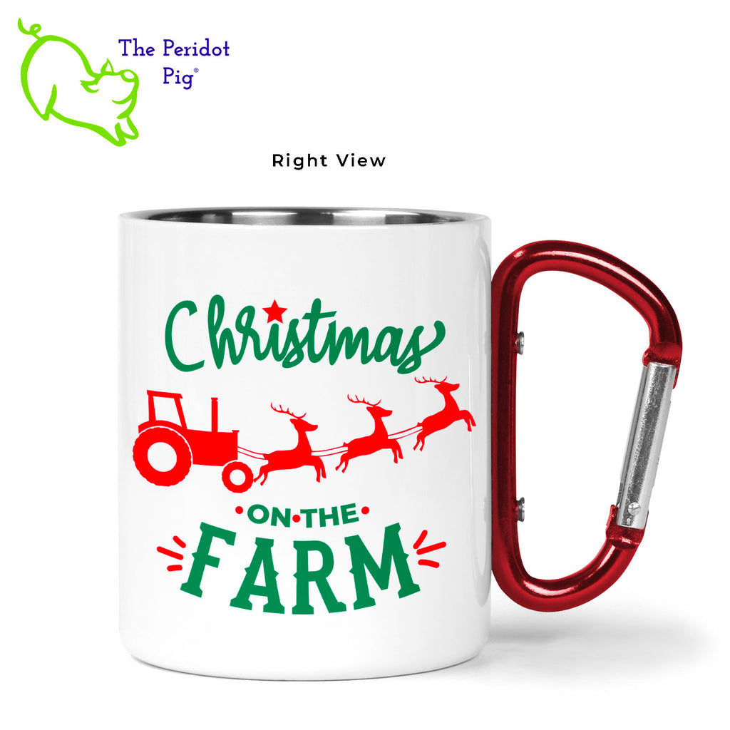 We live in Ohio and still regularly see tractors heading down the road from field to field. When we saw this mug design, we had to have it! It would make the perfect gift for the farmer, gardener or rural friend. The design is printed in vivid, permanent color on both the front and back of the mug. It's says, "Christmas on the Farm" with a little tractor being pulled by flying reindeer! Right view shown.