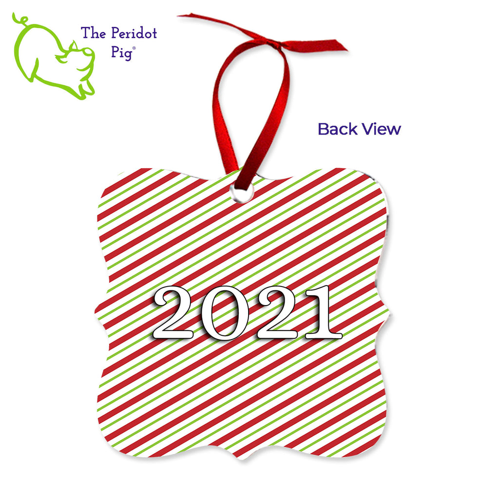 These aluminum ornaments can be printed in vivid color with the photo or artwork of your own choice. Both sides can be customized. The ornament is light weight for hanging on the tree and comes with a ribbon hanger. We've shown them here with the year on the back with a fun Christmas candy stripe pattern. On the front, choose from 5 different border styles. This style is best with a square picture. Back view shown.