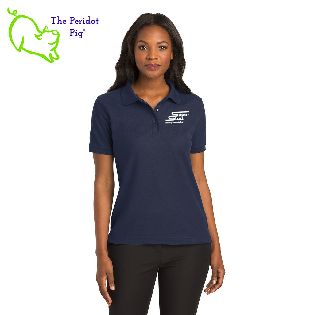 An enduring favorite, our comfortable classic polo is anything but ordinary. With superior wrinkle and shrink resistance, a silky soft hand and an incredible range of styles, sizes and colors, it's a first-rate choice for uniforming just about any group. This one features the Super Stud logo on the front. Front view shown in Navy.