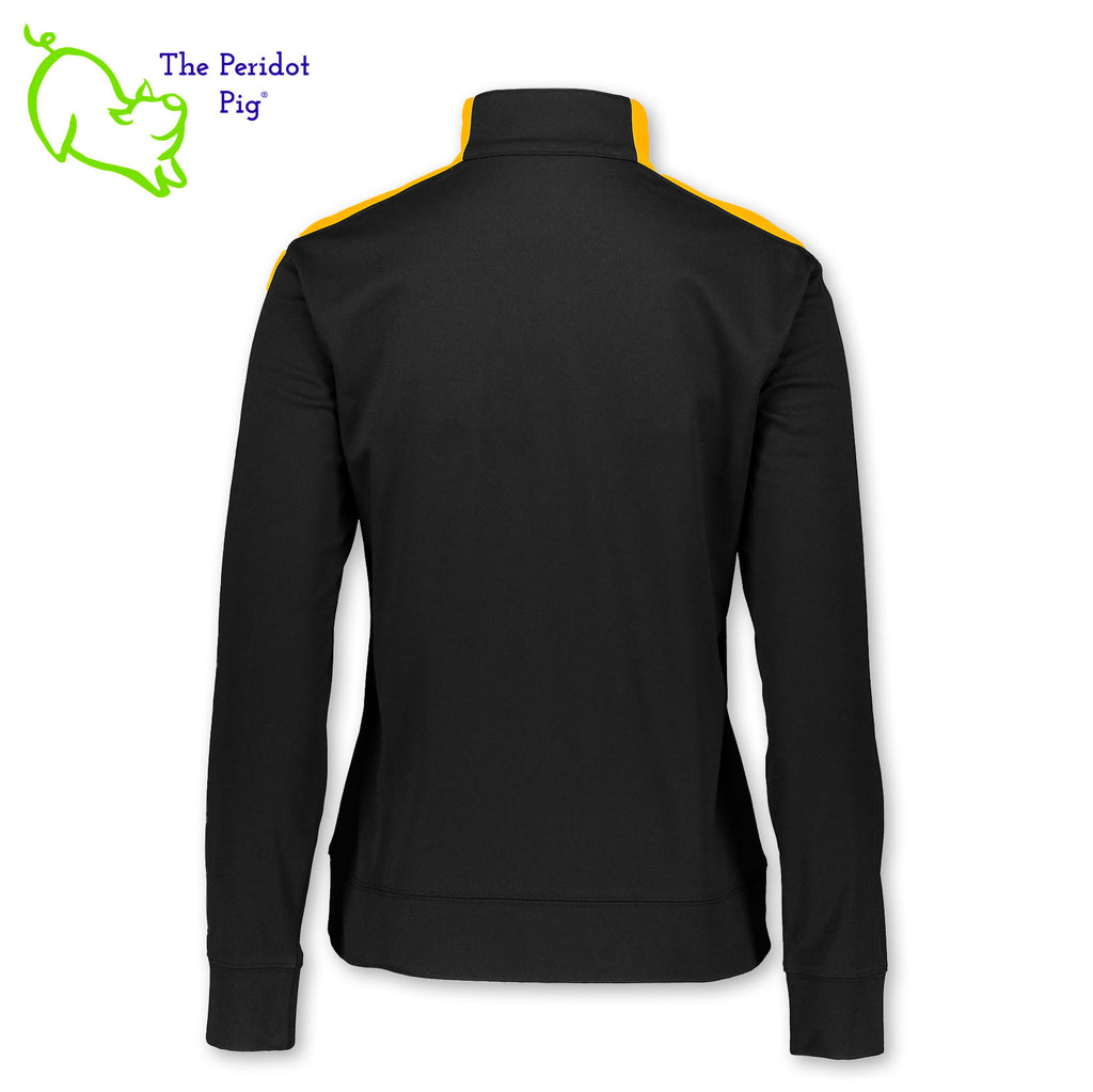 The Synchrony Financial Skills Academy Logo Augusta Medalist 2.0 long sleeve quarter-zip is cut in a stylish modern fashion. The front features a small version of the logo on the left pocket area. Women's version shown in black/gold. Back view.