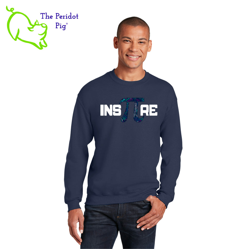 This warm, soft crewneck sweatshirt features our PI day InsPIre theme in vivid print on the front. It's available in four colors to help celebrate PI in style. Front view shown in navy.