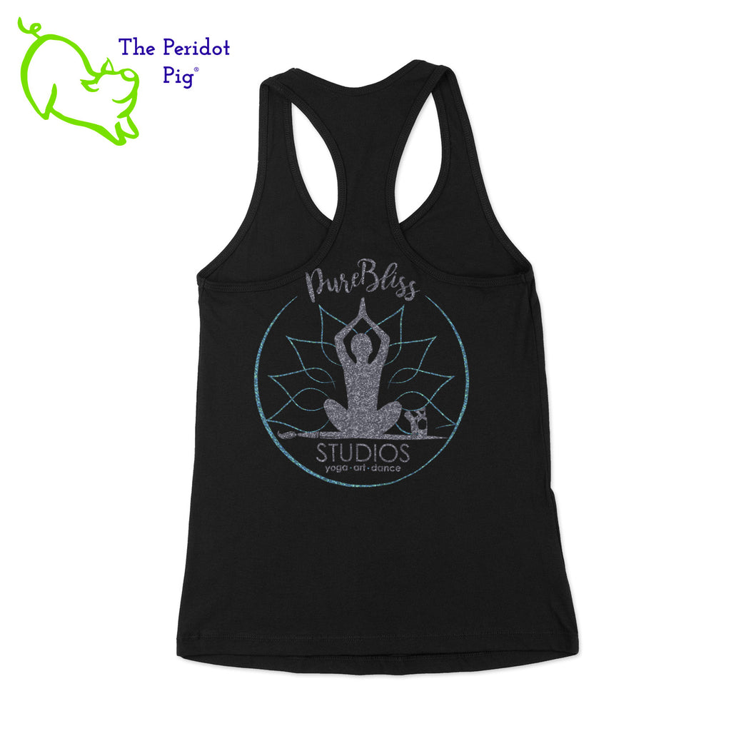 A comfy racerback tank with a loose cut. Perfect for layering!  The back has the PureBliss Studios logo in glitter and holo vinyl. The front has a little "love" on the bottom left side. Back view shown in black.